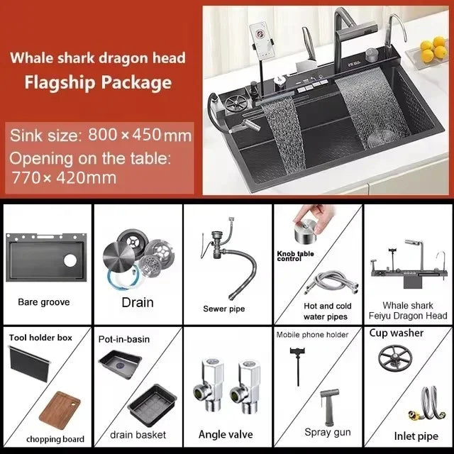 Kitchen 304 Stainless Steel Waterfall Sink, Large Single Slot, Digital Display Embossed Washing Basin Household Dishwashing Sink