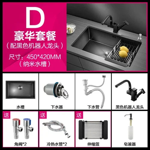 Kitchen Sinks Single Slot Black Kitchen Nano Sink 304 Stainless Steel Sink Under Counter Basin Home Kitchen s Accessories