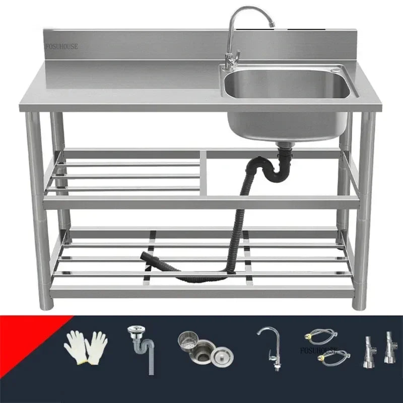 Household Vegetable Washing Basin with Bracket Commercial Stainless Steel Kitchen Sinks Kitchen Workbench Washing Single Sink