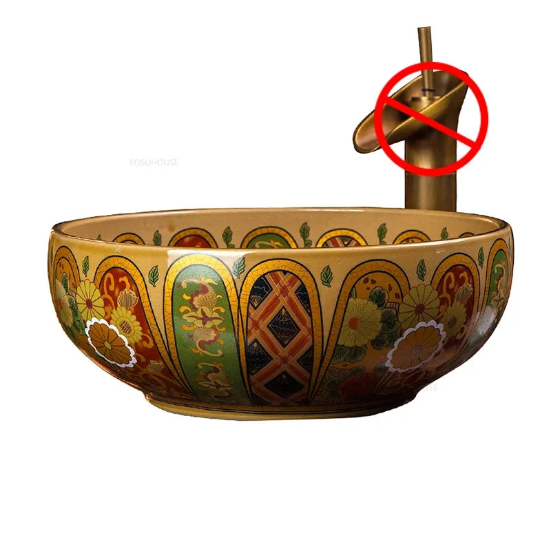 American Art Bathroom Sinks European Ceramic Wash Basin Retro Home Round Single Basin Balcony Toilet Creative Hand Painted Basin