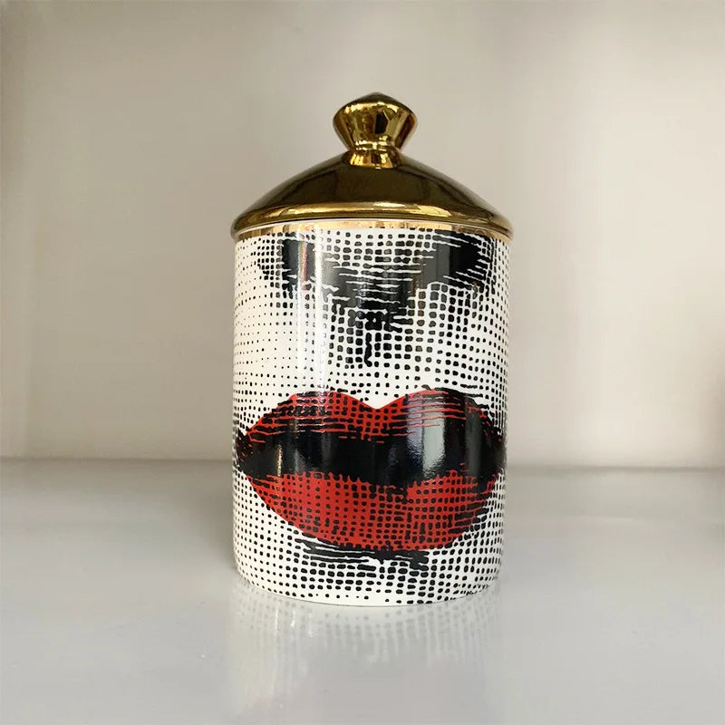 Gold Handmade Ceramic Empty Candle Holder Incense Candles Jar Lady Face Red Lip Cup Living Room Ornaments Home Decoration Box Cr