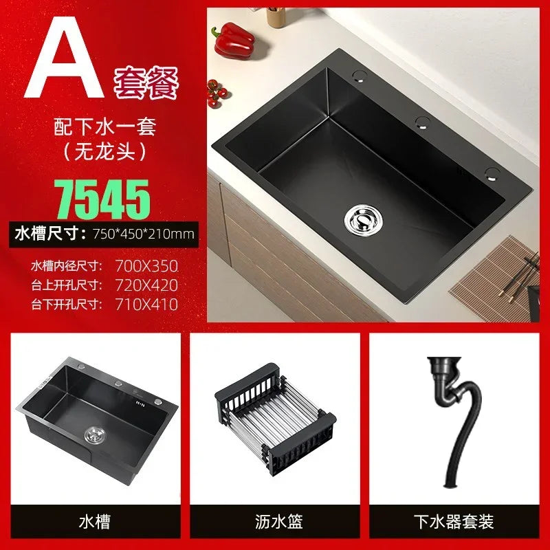 Stainless Steel Kitchen Sinks Black Nano Large Single Tank Countertop Basin Home Kitchen Vegetable Sink 304 Thickened Wash Basin