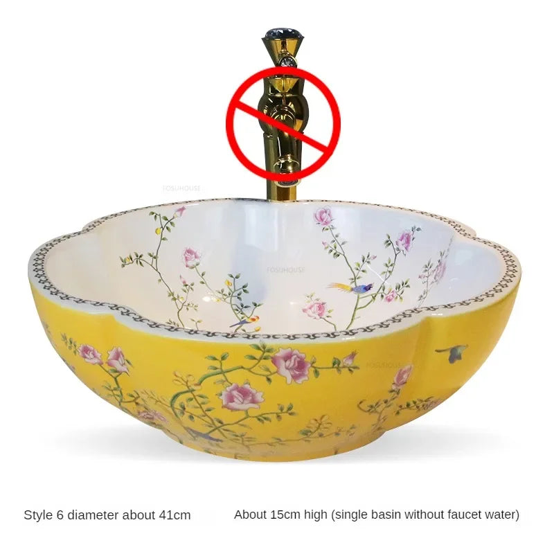 Luxury Hand-painted Bathroom Sinks Special-shaped Above Counter Basin Ceramic Wash Basin Designer Home Kitchen Art Single Basin