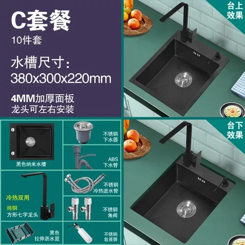 304 Stainless Steel Kitchen Sinks Bar Balcony Mini Sink Single Tank Black Nano Kitchen Accessories Thicken Wash Basin Small Sink