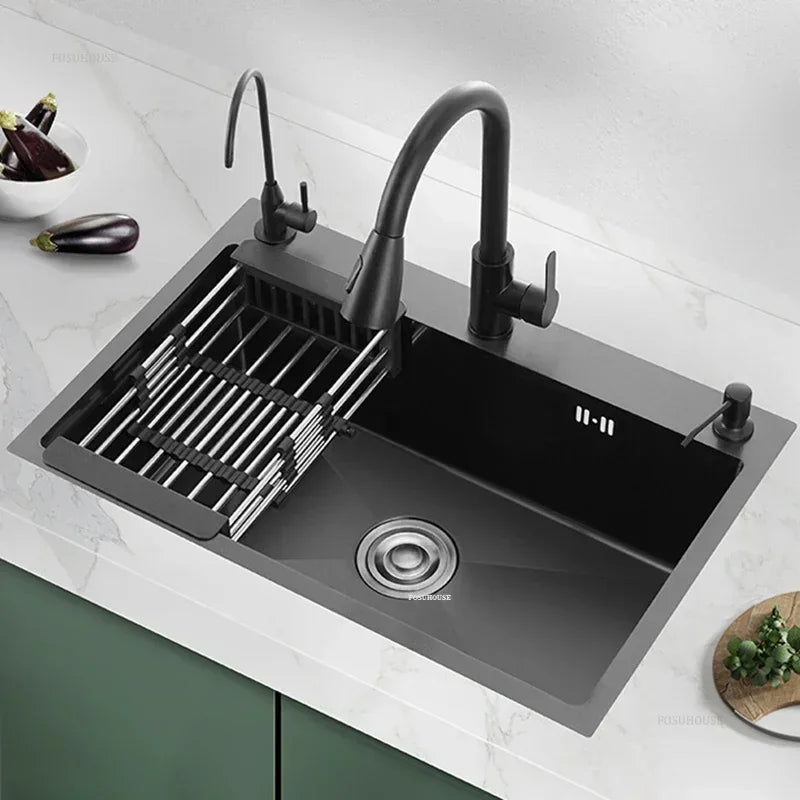 Stainless Steel Kitchen Sinks Black Nano Large Single Tank Countertop Basin Home Kitchen Vegetable Sink 304 Thickened Wash Basin