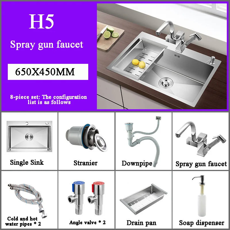 Stainless Steel Kitchen Sink Farmhouse Above Counter Undermounter Single Bowel Wash Basin With Gourmet Faucet Drain Accessories
