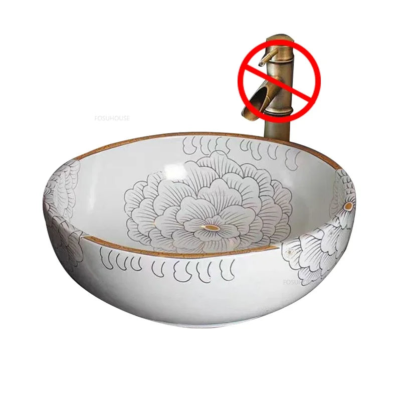 American Art Bathroom Sinks European Ceramic Wash Basin Retro Home Round Single Basin Balcony Toilet Creative Hand Painted Basin