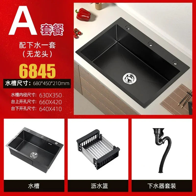 Stainless Steel Kitchen Sinks Black Nano Large Single Tank Countertop Basin Home Kitchen Vegetable Sink 304 Thickened Wash Basin
