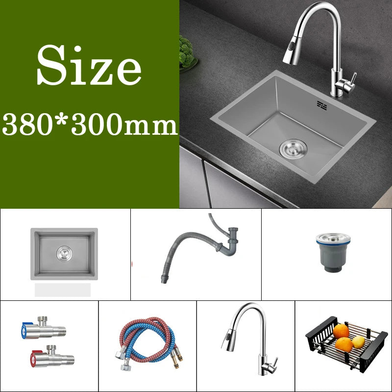 Small Gray Kitchen Sink Above Counter or Undermount 304 Stainless Steel Single Bowl Washing Basin Drain Accessories for Kitchen