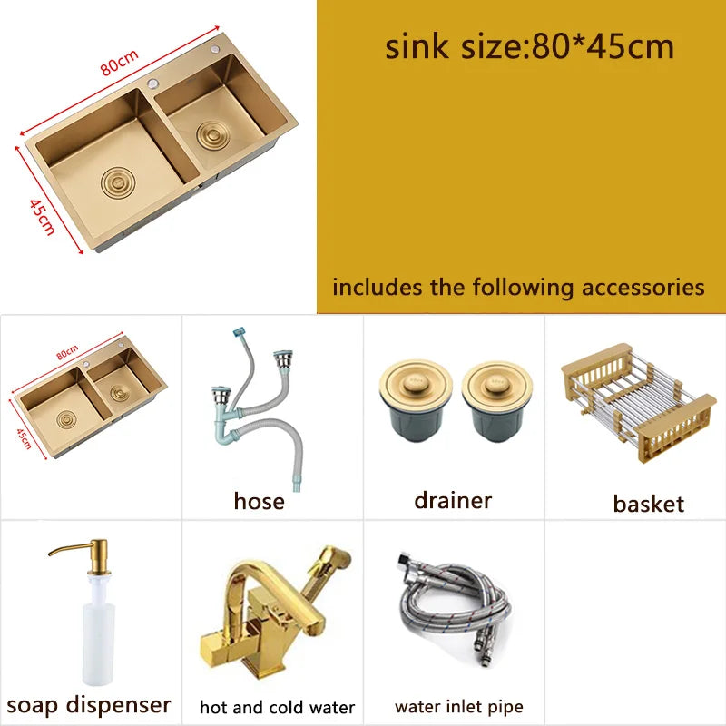 Gold Kitchen Sink Above Counter or Undermount double Bowl Goldn Basket Drainer Soap Dispenser Washing Basin 304 Stainless Steel