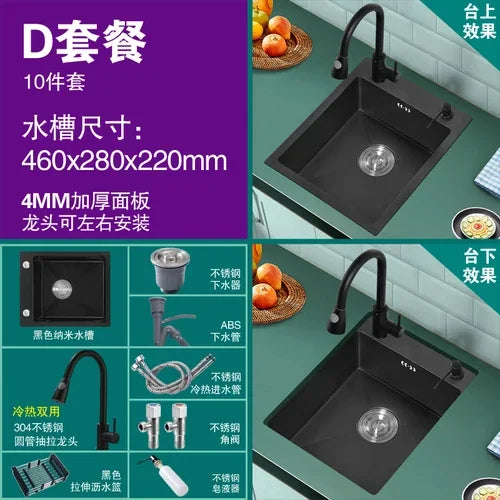 304 Stainless Steel Kitchen Sinks Bar Balcony Mini Sink Single Tank Black Nano Kitchen Accessories Thicken Wash Basin Small Sink