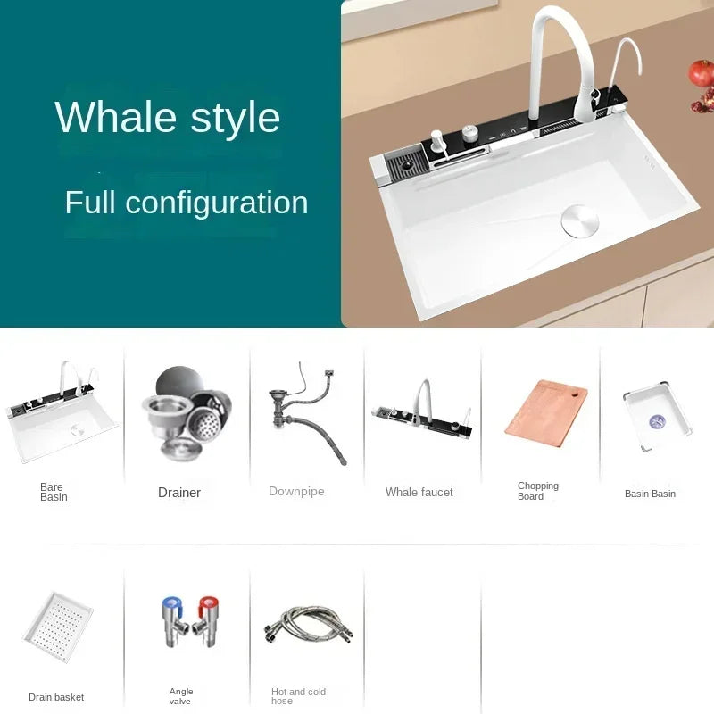 White Nano Multifunctional Kitchen Sink 304 Stainless Steel Large Single Sink Integrated Kitchen Digital Waterfall Faucet