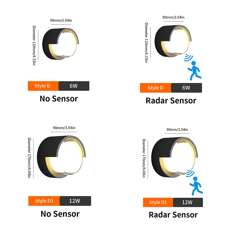 LED Wall Lamp Lighting Radar Motion Sensor AC85-265V 6/12W Warm White Cold White Suitable For Indoor Outdoor Home Decoration