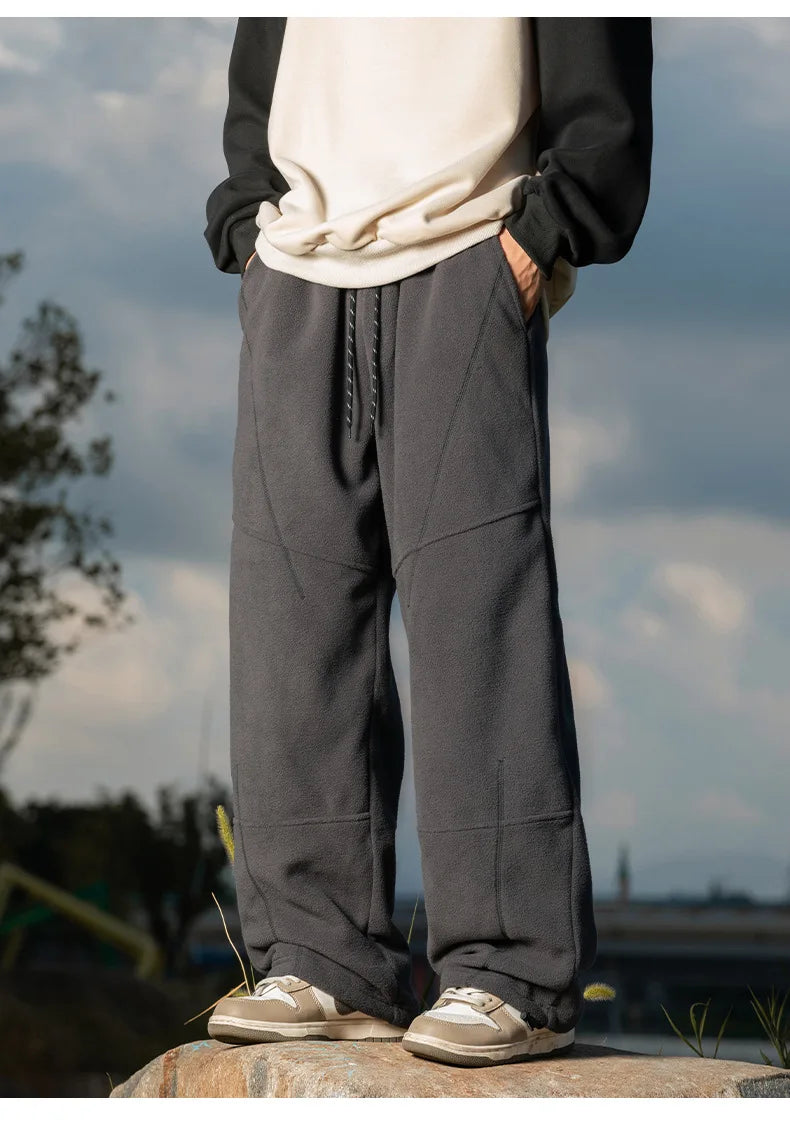 Splicing Split Design Shake Velvet Casual Pants Men's Autumn Winter Loose Leg Adjustable Drawstring Long Pants Warm  Soft