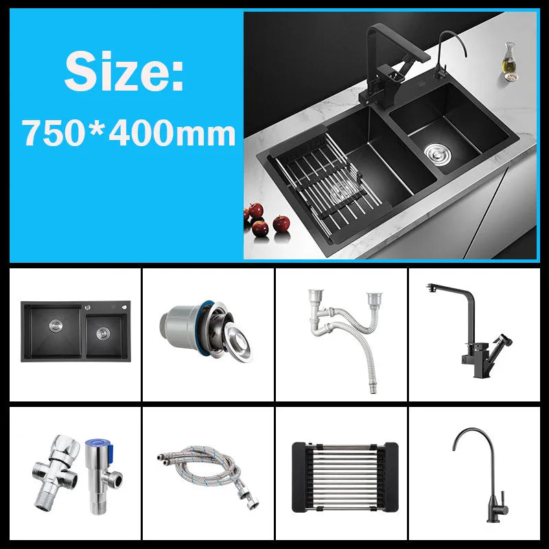 304 Stainless Steel Nano Black Kitchen Sink Vegetable Wash Basin For Home Fixture With  Faucet Drain Accessories Topmount
