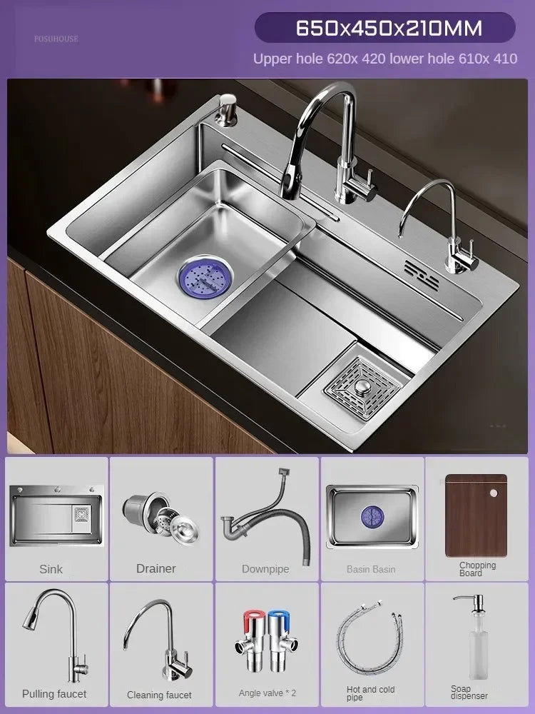 Light Luxury Silver Nano Sink for Kitchen Modern Stainless Steel Three-hole Kitchen Sinks Creative Household Sinks for Balcony