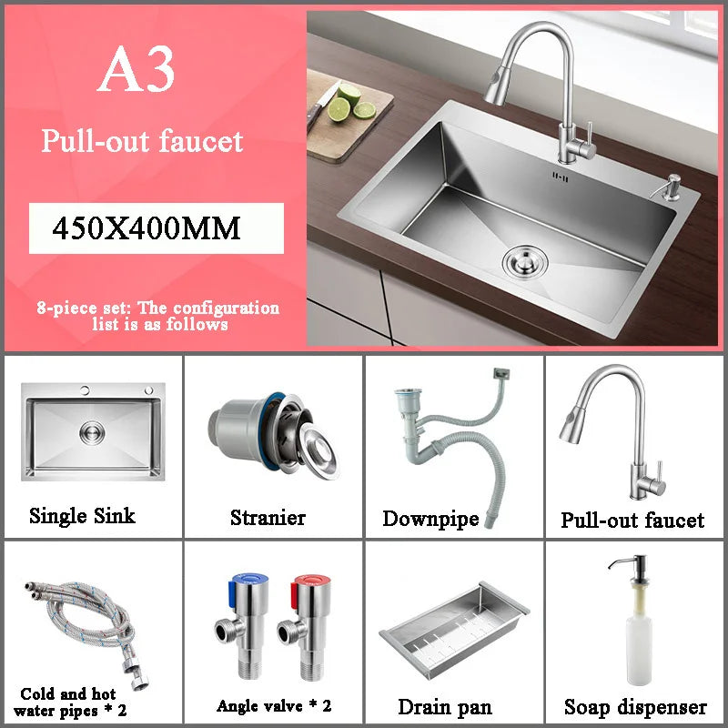 Stainless Steel Kitchen Sink Farmhouse Above Counter Undermounter Single Bowel Wash Basin With Gourmet Faucet Drain Accessories