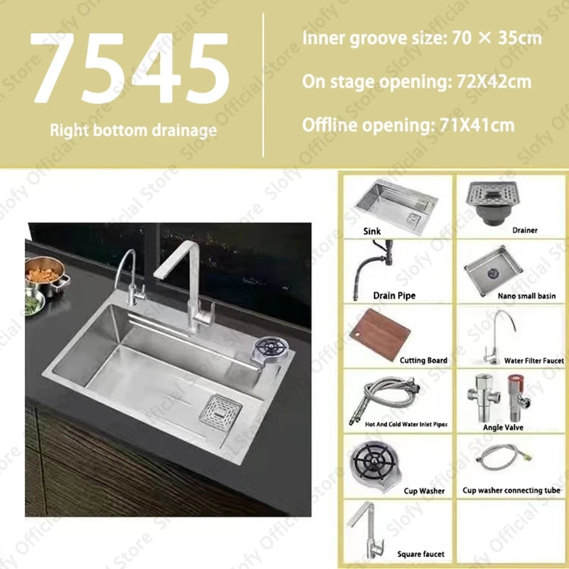 304 Stainless Steel Multifunctional Kitchen Sink Large Capacity Single Bowl Vegetable Workstation Wash/Cut/Drain in One Full Set