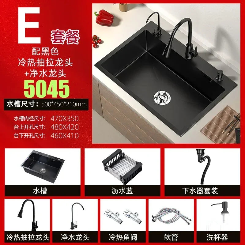 Stainless Steel Kitchen Sinks Black Nano Large Single Tank Countertop Basin Home Kitchen Vegetable Sink 304 Thickened Wash Basin
