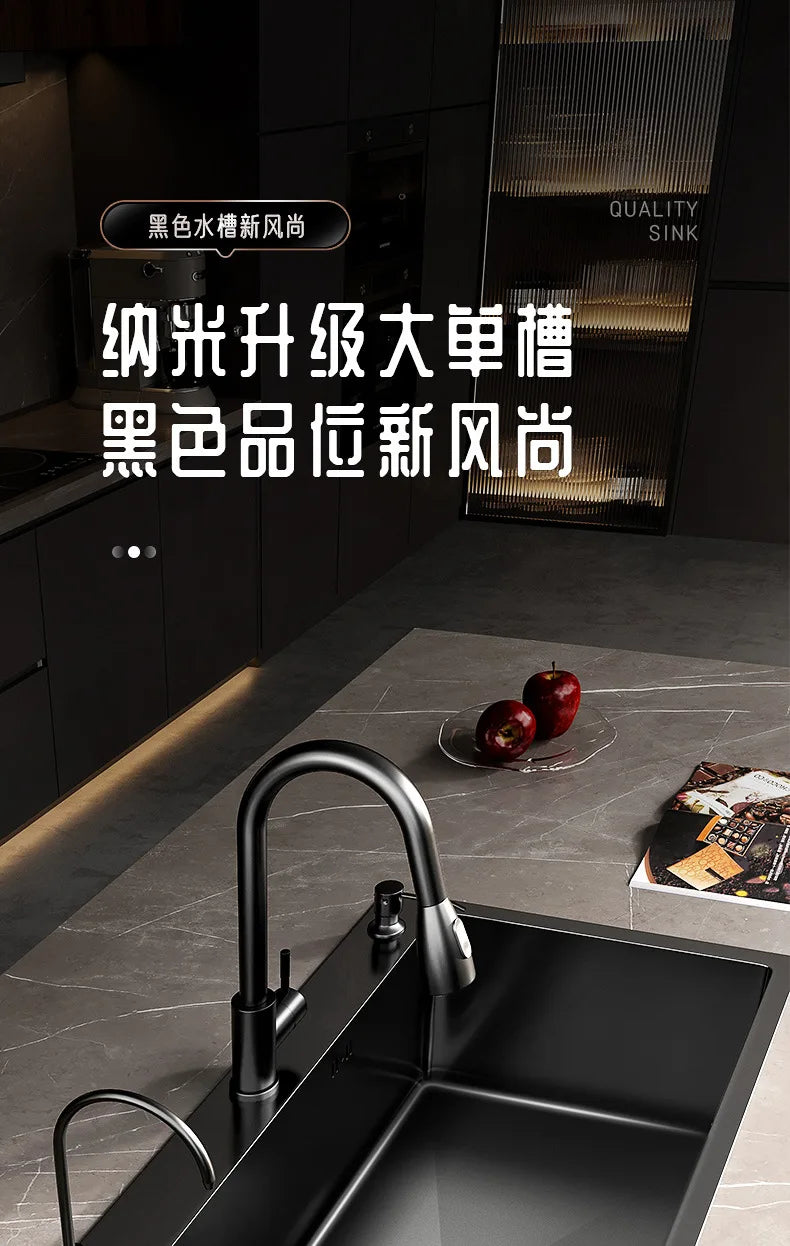 Kitchen Vegetable Basin Sink Large Single Slot 304 Stainless Steel Hand-thickened Under-counter Basin Dishwasher Black Set New