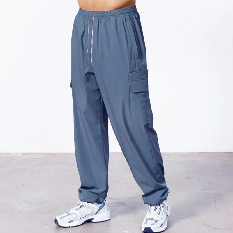 2024 new men's casual slacks Korean version of the trend with pants summer thin drop feeling wide-legged cargo pants