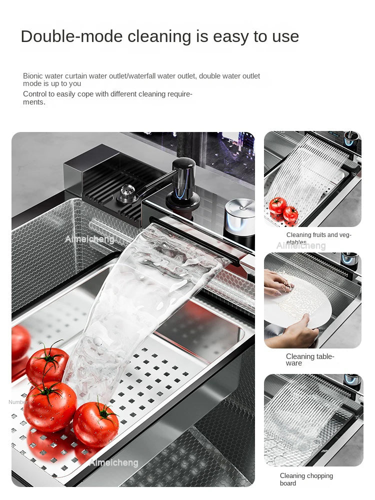 Silver Nano 304 Stainless Steel Digital Display Waterfall Sink Multifunctional Vegetable Washing Pool Integrated faucet