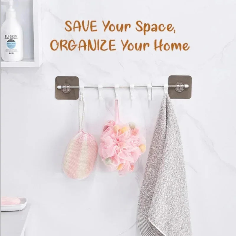 Stainless Steel Wall Hanging Rod 6 Hook Self-adhesive Wall Rack Bathroom Kitchen Rack Storage Free Punching and Strong Suction