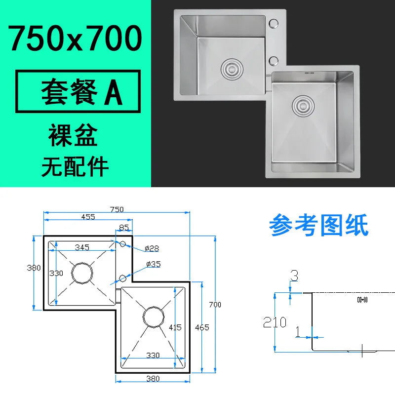 Kitchen Furniture Thickened 304 Stainless Steel Sink Basin Corner Shaped Double Stainless Steel Kitchen Sinks  Accessories Bh