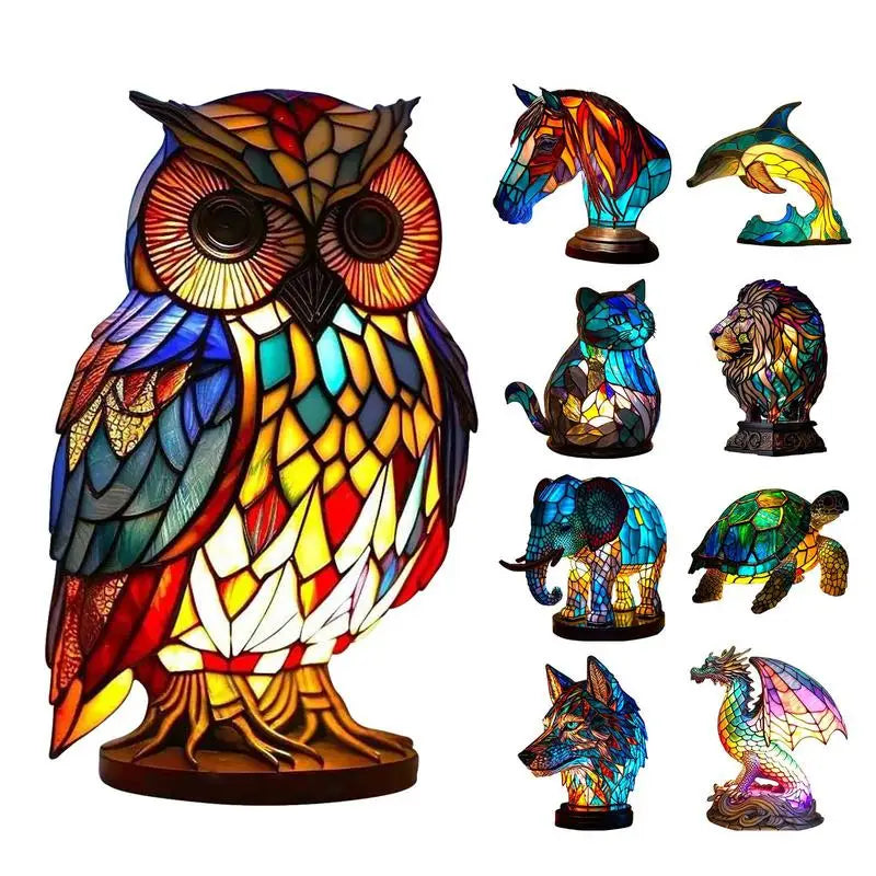 Animal Table Lamp Series Lion Dolphin Wolf Stained Glass Bedside Light Owl Horse Rooster Elephant for Living Room Bedroom Office