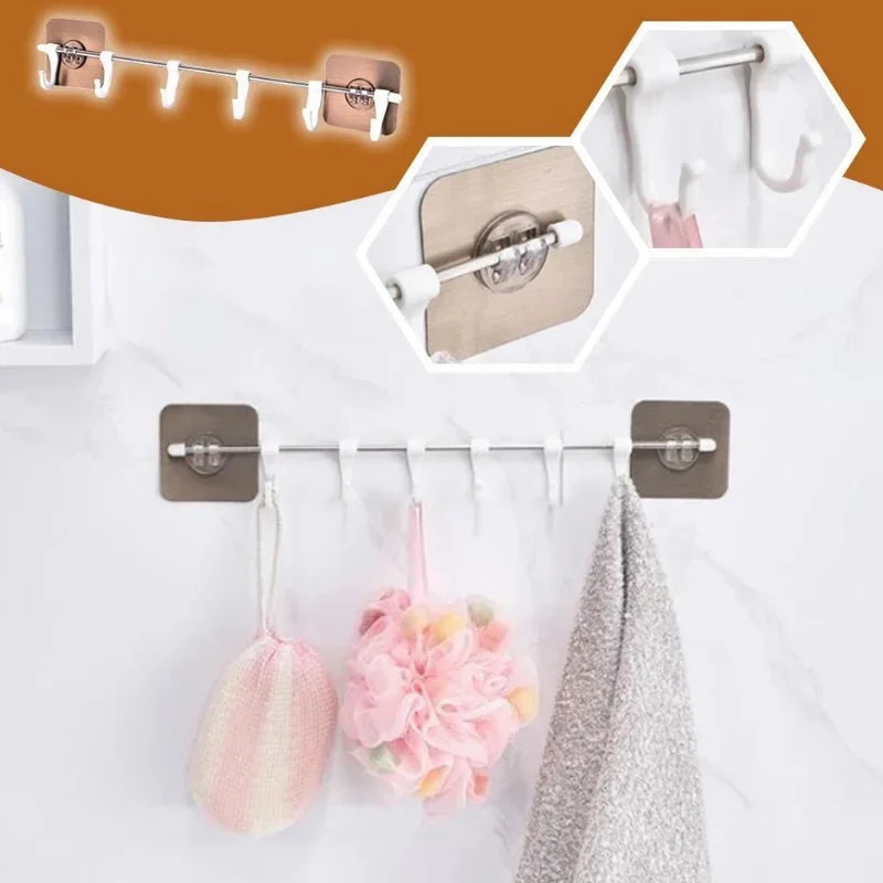 Stainless Steel Wall Hanging Rod 6 Hook Self-adhesive Wall Rack Bathroom Kitchen Rack Storage Free Punching and Strong Suction
