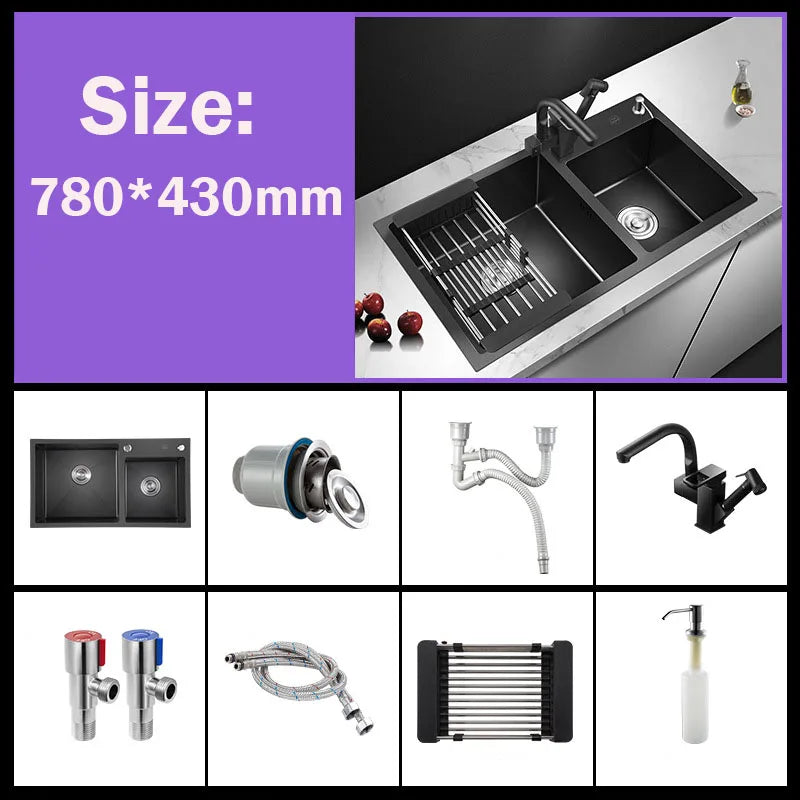 304 Stainless Steel Nano Black Kitchen Sink Vegetable Wash Basin For Home Fixture With  Faucet Drain Accessories Topmount