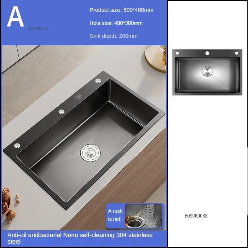 German Nano Sinks for Apartments Black Metal Three-hole Drain Kitchen Sink Light Luxury Household Kitchen Sink for Rental Houses