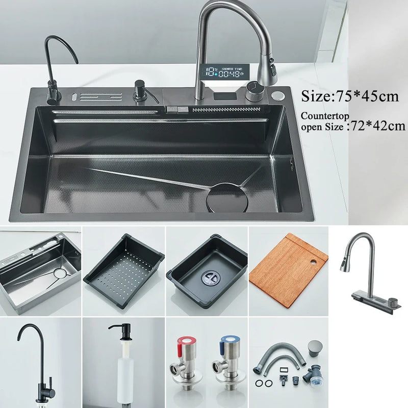 Hownifety Waterfall Sink Kitchen Stainless Steel Topmount Sink Large Single Slot Wash Basin With Multifunction Waterfall Faucet
