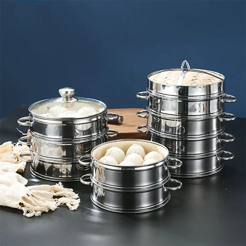 Stainless Steel Bamboo Steamer with Lid Rice Cooker Food Steaming Grid Basket for Dumpling Kitchen Steam Pot Cooking Accessories