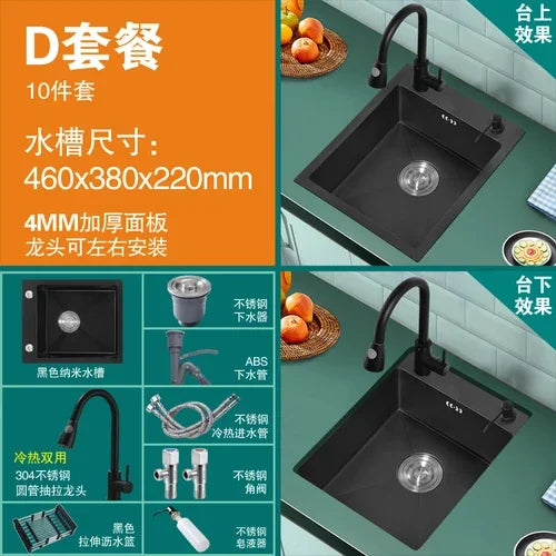 304 Stainless Steel Kitchen Sinks Bar Balcony Mini Sink Single Tank Black Nano Kitchen Accessories Thicken Wash Basin Small Sink