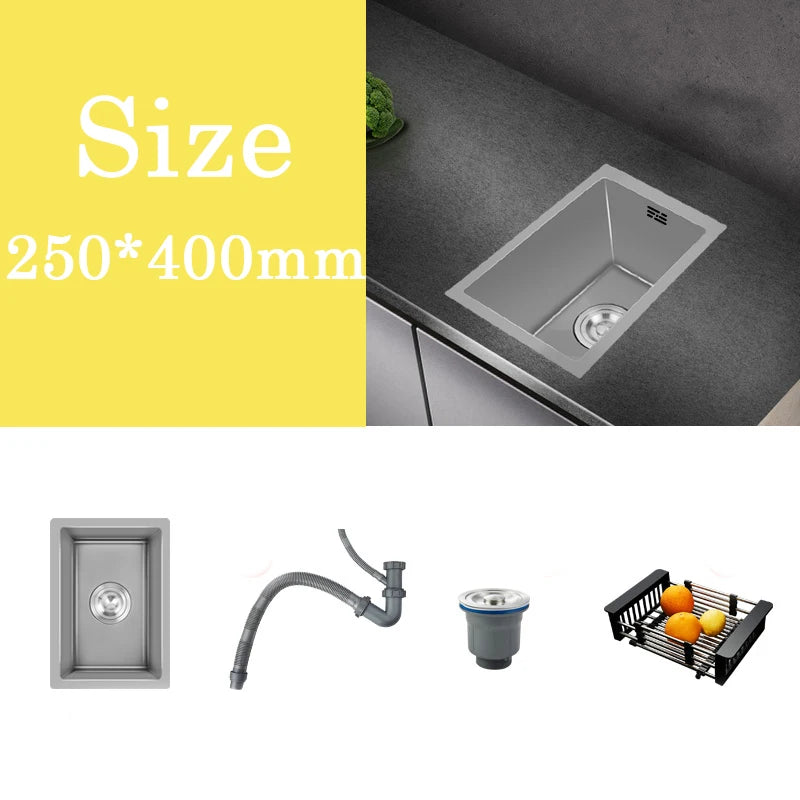 Small Gray Kitchen Sink Above Counter or Undermount 304 Stainless Steel Single Bowl Washing Basin Drain Accessories for Kitchen