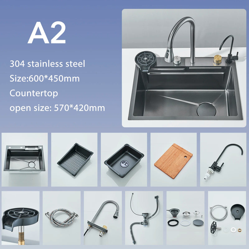 Dark Grey Nano Kitchen Sink Above Mount Washing Basin Chopping Board 304 Stainless Steel Single Grey Kitchen Sink Kitchen Faucet
