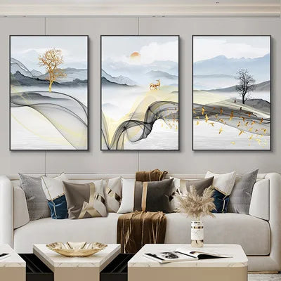 3 Pieces Nordic Luxury Ribbon Abstract Landscape Wall Art Canvas Paintings Modern Gold Deer Poster Print Picture for Home Decor