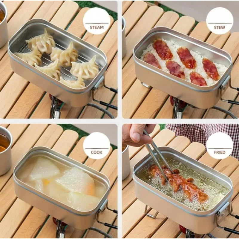 1PC Outdoor Aluminum Lunch Box Handle Cook Rice Can Be Heated Lunch Portable Cookware Flame Cooking Picnic Camping Fried Steaks