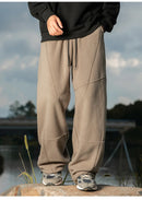 Splicing Split Design Shake Velvet Casual Pants Men's Autumn Winter Loose Leg Adjustable Drawstring Long Pants Warm  Soft