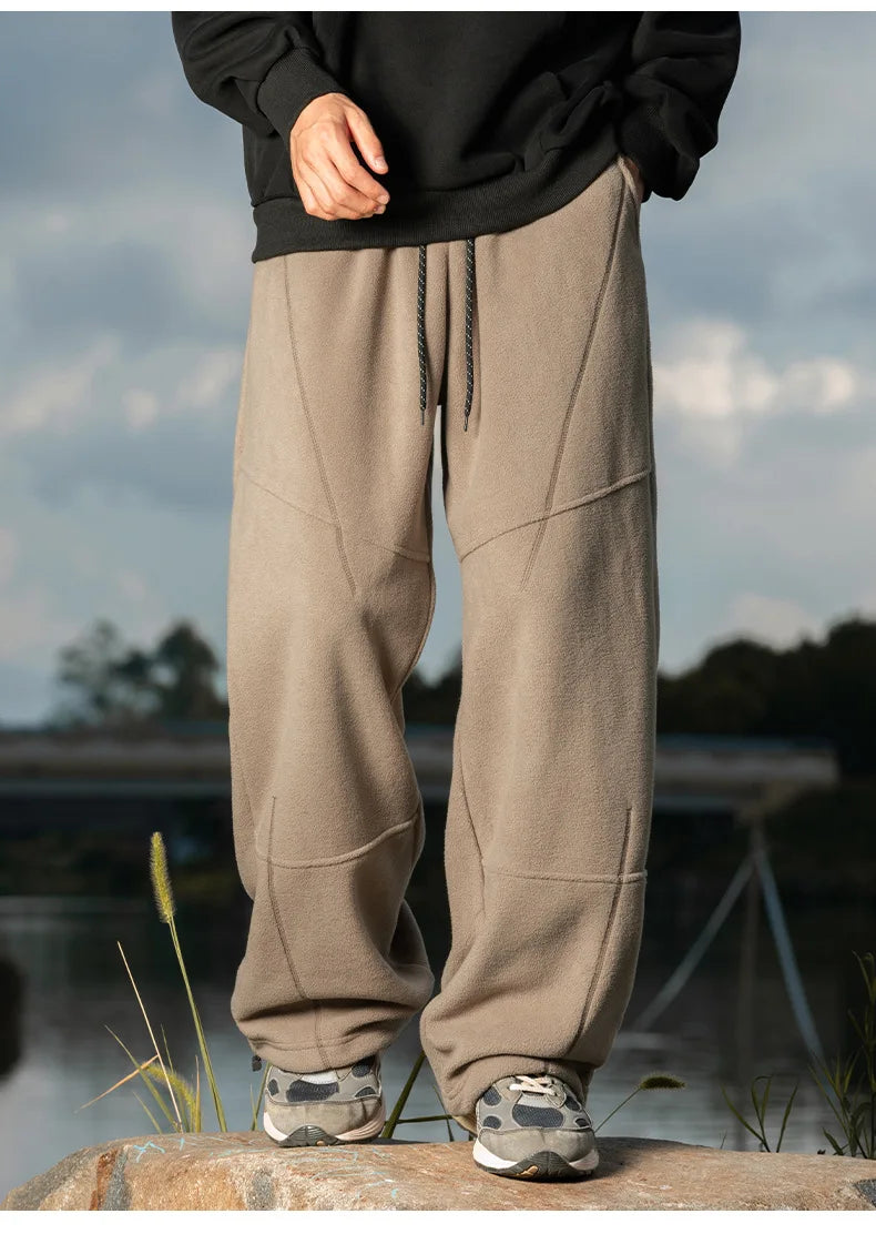 Splicing Split Design Shake Velvet Casual Pants Men's Autumn Winter Loose Leg Adjustable Drawstring Long Pants Warm  Soft