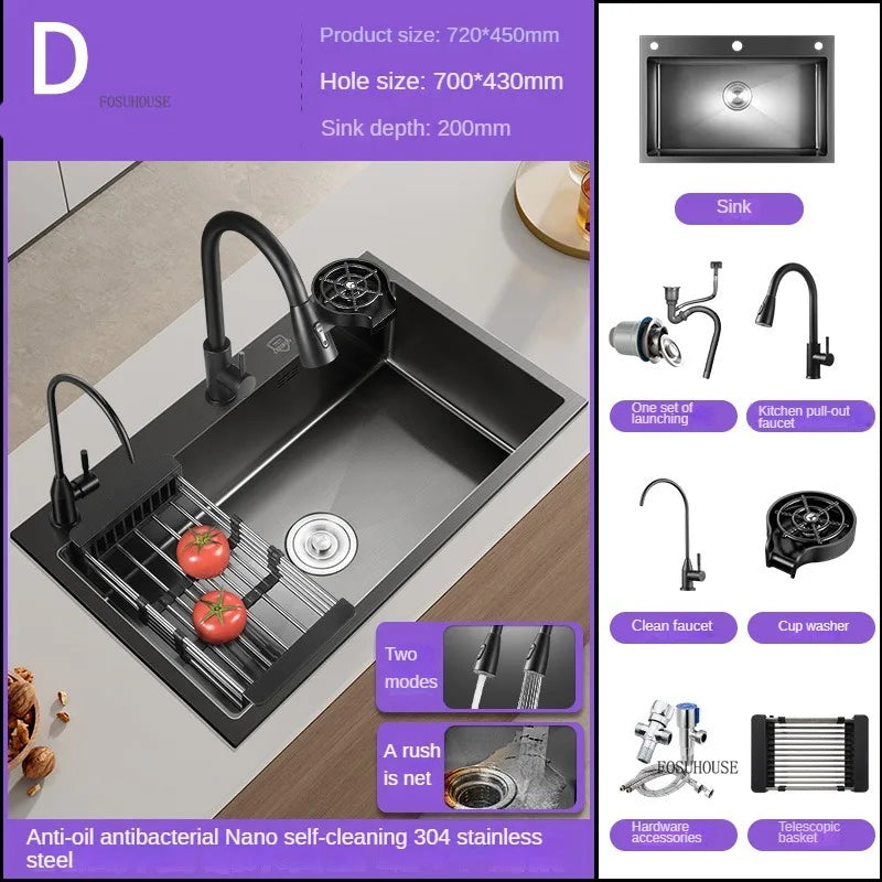 German Nano Sinks for Apartments Black Metal Three-hole Drain Kitchen Sink Light Luxury Household Kitchen Sink for Rental Houses