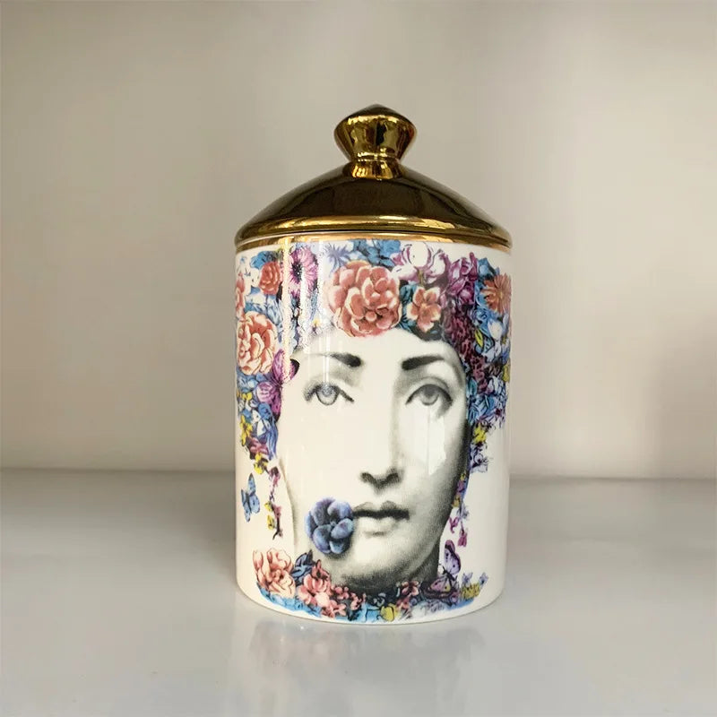 Gold Handmade Ceramic Empty Candle Holder Incense Candles Jar Lady Face Red Lip Cup Living Room Ornaments Home Decoration Box Cr