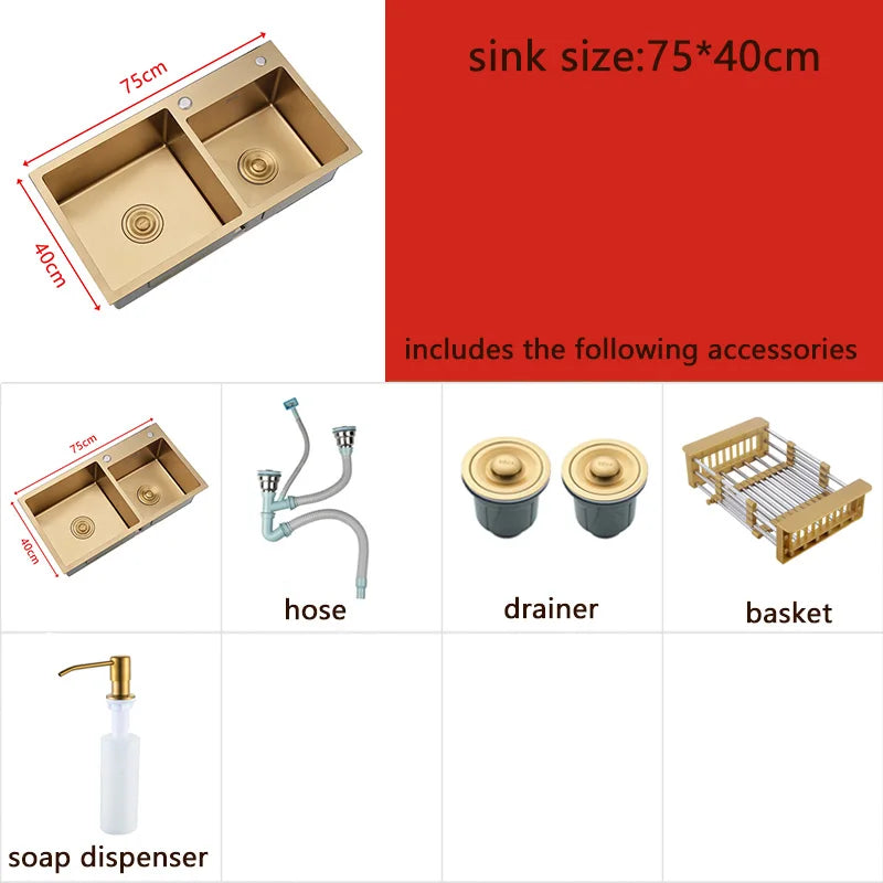 Gold Kitchen Sink Above Counter or Undermount double Bowl Goldn Basket Drainer Soap Dispenser Washing Basin 304 Stainless Steel