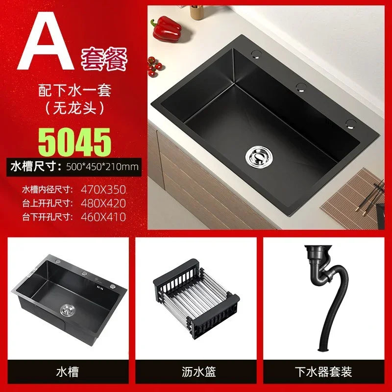 Stainless Steel Kitchen Sinks Black Nano Large Single Tank Countertop Basin Home Kitchen Vegetable Sink 304 Thickened Wash Basin