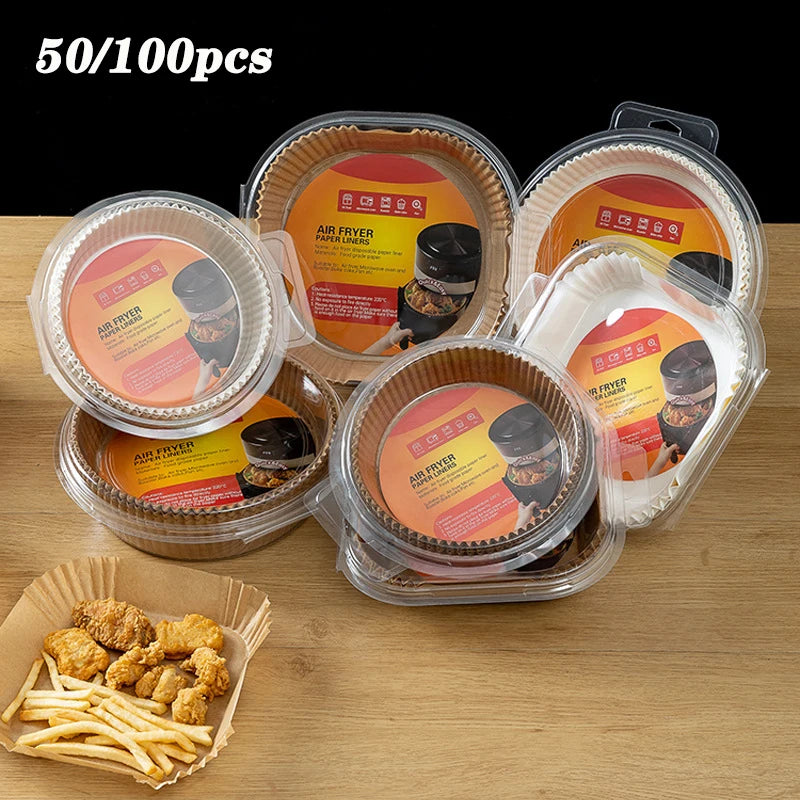 50/100pcs Air Fryer Disposable Paper Liner Non-Stick Mat Steamer Round Square Paper Baking Mats Kitchen Baking AirFryer Tools