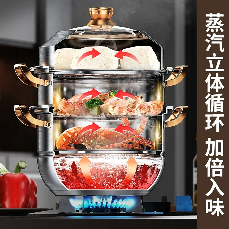 316 Stainless Steel Steam Pot 40cm Steamer Pot Home Appliance 4 Layers Steamer Cooker Soup Pots for Cooking Hotpot Cookware Set