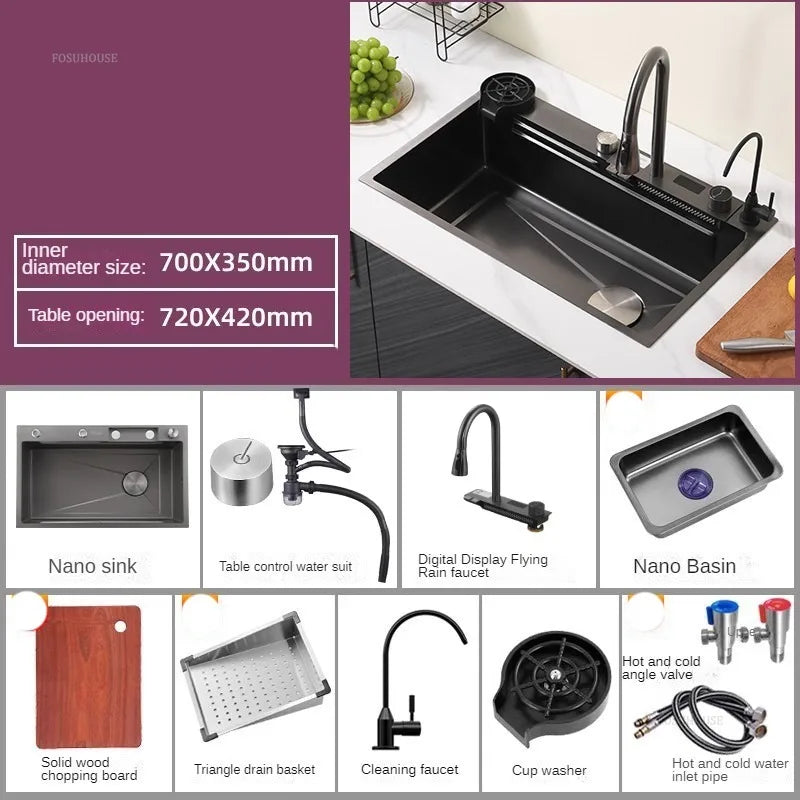 Nordic Metal Kitchen Sinks for Bar Counter Smart Digital Display with Cup Washer Sinks Light Luxury Design Sink for Dining Room