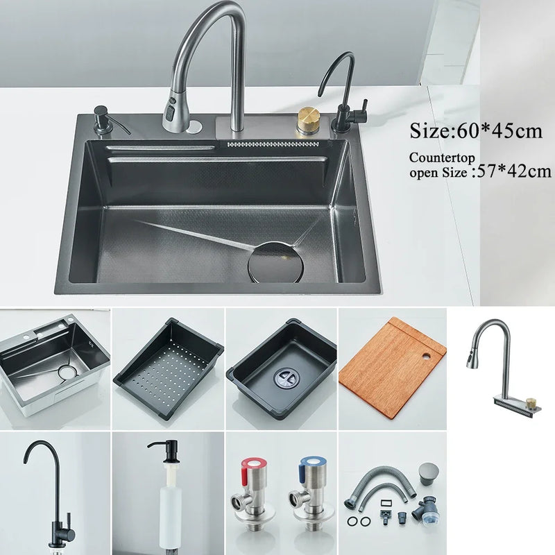 Hownifety Waterfall Sink Kitchen Stainless Steel Topmount Sink Large Single Slot Wash Basin With Multifunction Waterfall Faucet
