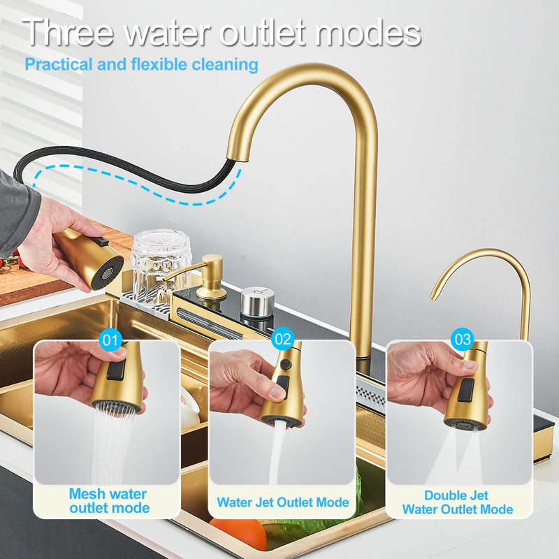 Brushed Gold Waterfall Sink Kitchen Intelligent Digital Display Temperature Control Large Single Slot pull Out Faucet Pure Water